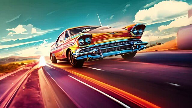 Retro race car driving on the road colorful background. Vintage Classic Car , Classic Car illustration 4k video animation cartoon