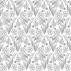 Wild flowers in folk style seamless pattern. Monochrome black and white design. Floral print background pattern. Vector illustration graphic design of summer flowers. Printable coloring page.