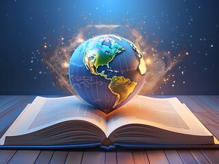 An open textbook with a detailed 3D globe seemingly bursting out of its pages, representing the exploration of geography and history