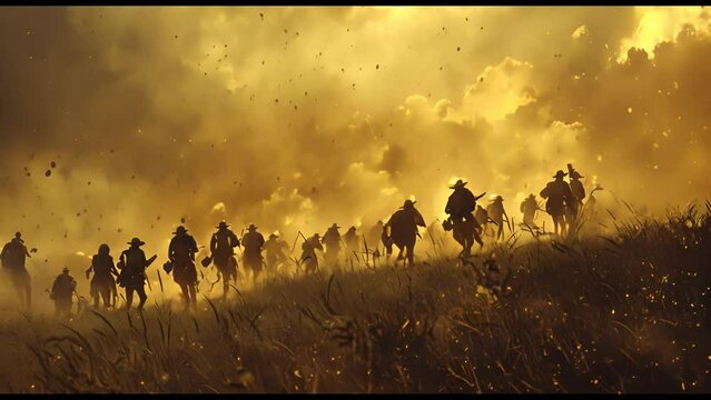 A group of soldiers are running through a field of tall grass. The sky is hazy and the sun is setting, creating a mood of war and chaos
