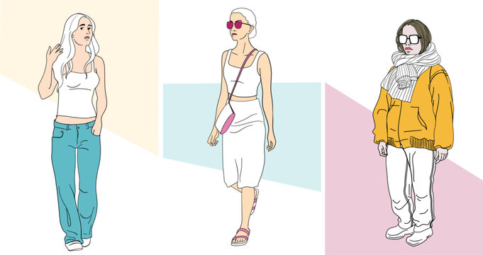 Three young women presenting street fashion, urban style - minimalistic colored vector illustration