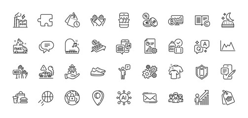 Bid offer, Mattress and Text message line icons pack. AI, Question and Answer, Map pin icons. Lock, Currency exchange, Fast food web icon. Piano, Sale tag, Exhaust pictogram. Vector
