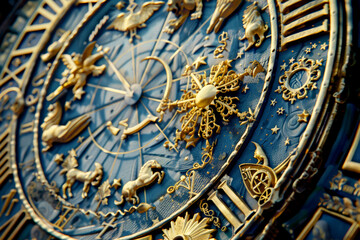 Obraz premium Close-up of an intricate astrological clock with detailed golden decorations.