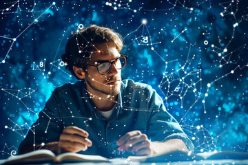 A man immersed in studying, surrounded by constellations and a network of glowing connections.