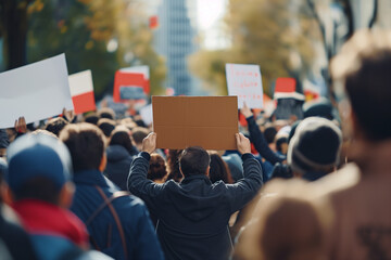 A diverse group of people passionately protesting, holding signs and banners, in an outdoor setting. Their determined expressions and raised fists convey a strong sense of unity and demand for change