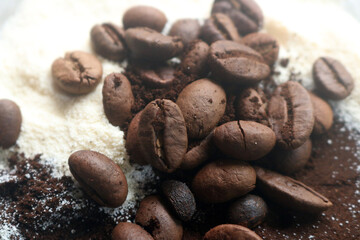 coffee beans. powder. cream. on a white background. the aroma of Sumatran coffee. arabica coffee. civet coffee. expensive and luxurious. drink lover