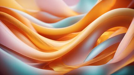 Generate an abstract background with gentle pastel curves in colors yellow and orange. The curves should intertwine harmoniously, creating a soft and calming visual experience.