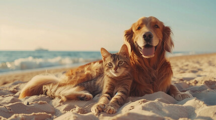 Happy Dog and Cat Relaxing on the Beach Together