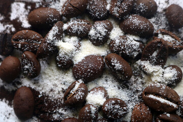 coffee beans. powder. cream. on a white background. the aroma of Sumatran coffee. arabica coffee. civet coffee. expensive and luxurious. drink lover