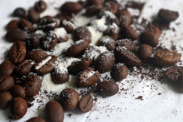 coffee beans. powder. cream. on a white background. the aroma of Sumatran coffee. arabica coffee. civet coffee. expensive and luxurious. drink lover