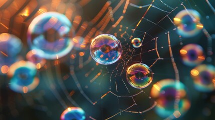 Obraz premium A close-up of soap bubbles clinging to a spider web, creating a delicate and ethereal pattern, illustrating the beauty and fragility of nature's creations.