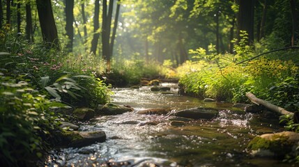 Obraz premium Stream flows through a swamp in a lush green forest. Sunlight filters through the trees, casting a warm glow on the water. The view is peaceful and serene