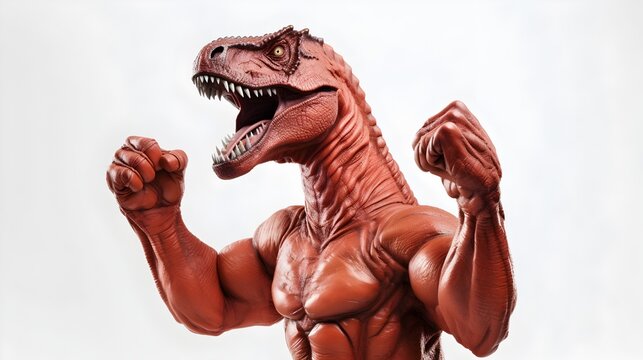 Powerful Anthropomorphic Muscle Dinosaur Fist Pumping in Fierce Fighting Stance on White Studio Background