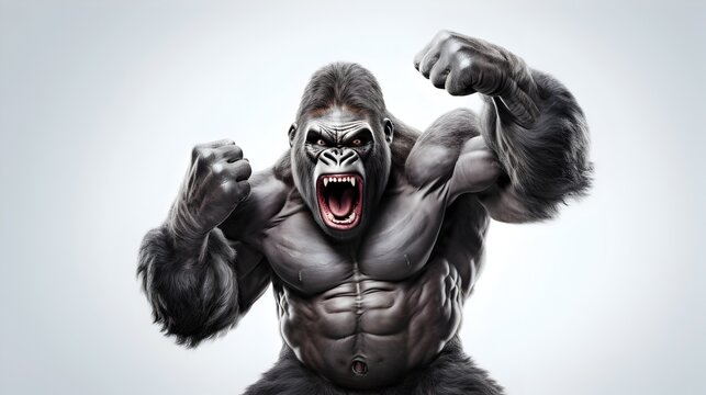 Powerful Anthropomorphic Muscle Gorilla Fist Pumping in Intense Fighting Pose on White Studio Background
