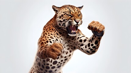 Powerful Anthropomorphic Muscle Leopard in Fierce Fist Pumping Fighting Stance on White Background