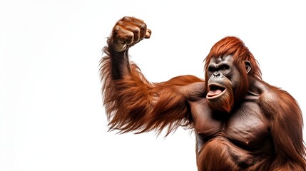 Powerful Anthropomorphic Orangutan Fist Pumping in Fighting Pose on White Background