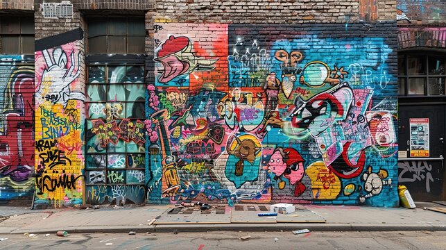 Walls with graffiti paintings in the shape of monster faces and tongues