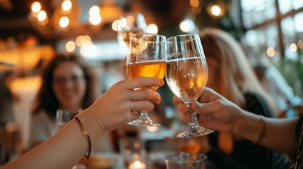 A warm scene of friends sharing a toast with glasses of white wine in a cozy, ambient-lit dining setting