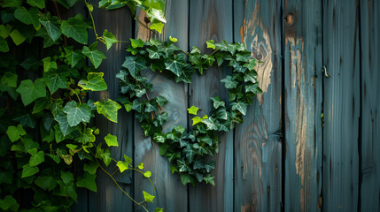 Heart-Shaped Ivy Vine on Wooden Fence with Green Leaves