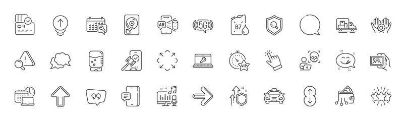 Spanner, Hdd and Attention line icons. Pack of Vip timer, Speech bubble, 5g wifi icon. Employee hand, Diesel canister, Next pictogram. Laptop repair, Scroll down, Water cooler. Line icons. Vector