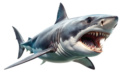 Fototapeta premium Great White Shark with Mouth Open on white background, PNG AI GENERATED