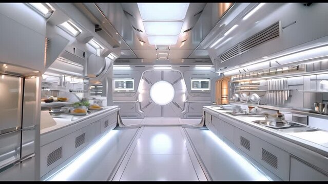 A futuristic space station kitchen with a large window and a white counter. The kitchen is empty and clean, with a few items on the counter, including a sandwich and a donut