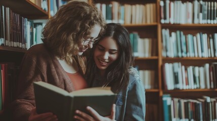 Two happy young women enjoying reading a book together in a library with shelves of books in the background