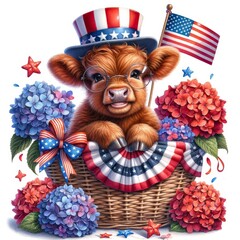 Patriotic Baby Cow in Basket Art, Adorable baby cow in a basket with patriotic decorations, perfect for celebrating American holidays like July 4th.
