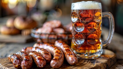 A tray of a bunch of sausages and beer on the table, AI