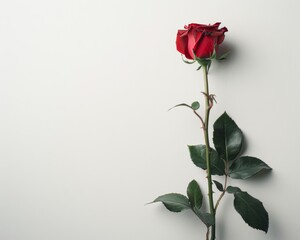 Single red rose on white background.