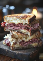 Reuben Sandwich - Reuben sandwich with corned beef, sauerkraut, and Swiss cheese. 