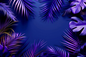 Tropical palm leaves casting shadows on a vibrant purple background.