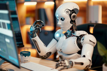 Fototapeta premium Humanoid robot working at a computer in a modern office.