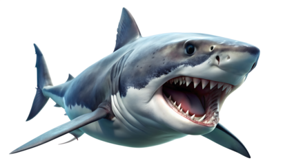 Great White Shark with Mouth Open  on white background, PNG AI GENERATED