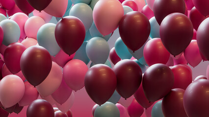 Maroon, Pink and Blue Balloons Floating in the Air. Fun, Festival Background.