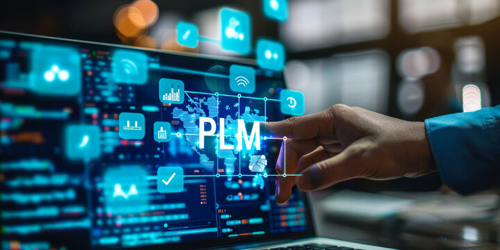 Professional focusing on modern business process management with icons representing automation, workflow, data analytics, performance metrics through connected digital solutions on laptop interface