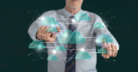 Man touching a cloud networking concept