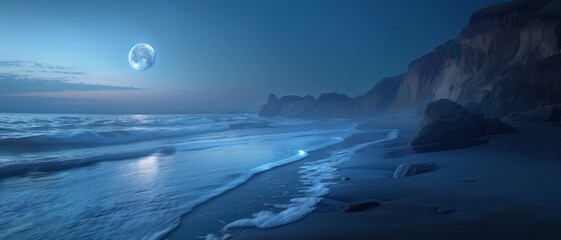 Fototapeta premium Serene moonlit beach with gentle waves under a dramatic cliffside, creating a peaceful, enchanting night-time coastal landscape.