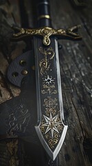 Compass engraved onto the hilt of a sword, its blade a guiding light through the darkness of conflict generated by AI