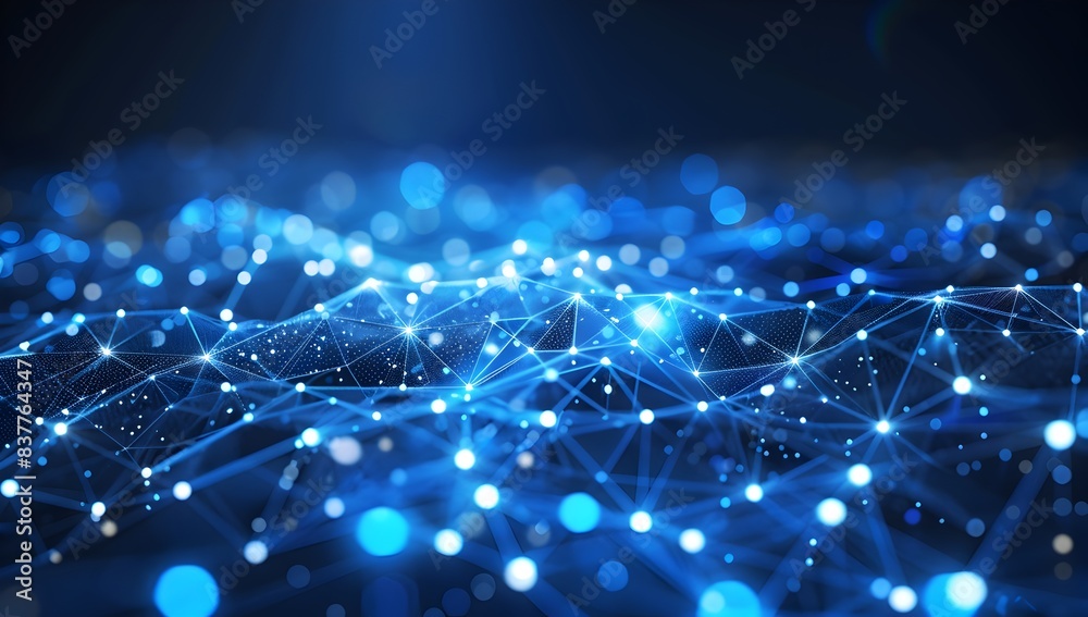 Poster abstract digital background with a blue gradient and glowing network connections, representing globa