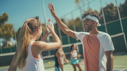 Two players congratulate each other post-game with a high-five, others watching