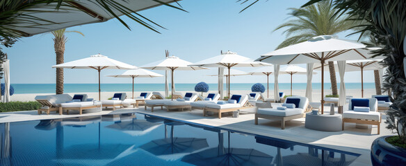 Fototapeta premium Serene Beachfront Luxury Resort Poolside Escape