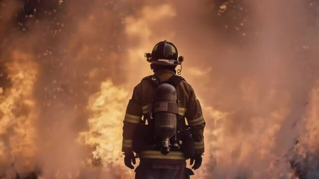 fireman standing and watching a huge fire - 4k new stock video footage animation design AI