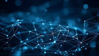 Abstract digital network background with blue color, glowing connections and dots on dark space
