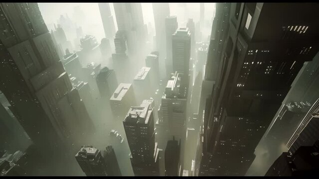 A cityscape with tall buildings and a foggy atmosphere. The city appears to be in a dystopian future