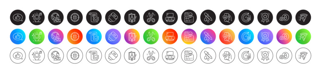 24h delivery, Food delivery and Feedback line icons. Round icon gradient buttons. Pack of Elevator, Refresh bitcoin, Ranking star icon. Charging adapter, Cyber attack, Noise pictogram. Vector