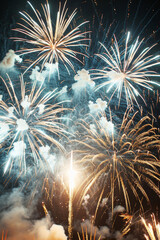 Fototapeta premium Vibrant white and gold fireworks lighting up the night sky for New Year celebrations.