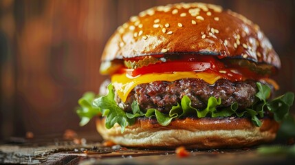 A close up of a hamburger with cheese, lettuce and tomato, AI - Powered by Adobe