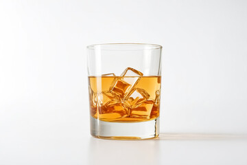Glass of Whiskey with Ice Cubes on White Background
