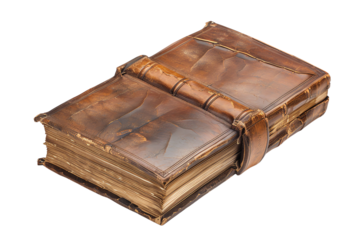 Ancient leather-bound book with worn pages. Perfect for themes of history, literature, and vintage aesthetics.